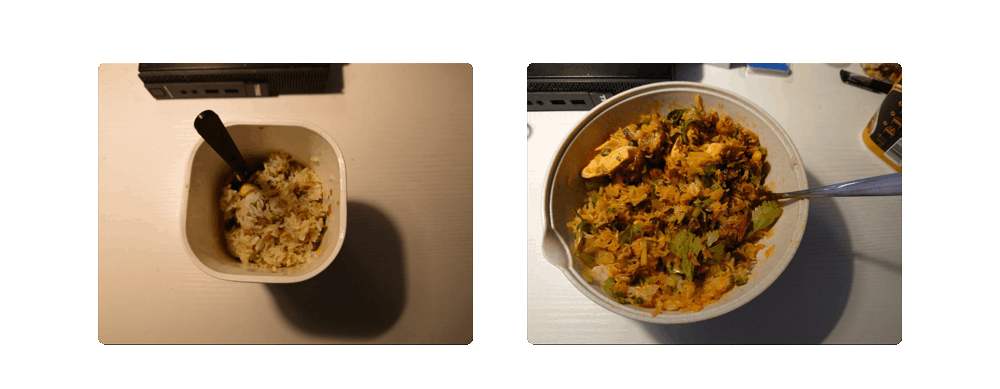 左面是带包装的拌饭,右面是我自己加了点料之后的效果,拌了点香菜和熟食进去,再换个容器画面效果一下子就不一样了。